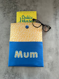 Applique “Mum” yellow and blue Book Sleeve, Fabric Book Sleeve, Book Pouch or Book Cosy, Reading Gift