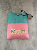 Applique “Mum” teal and pink Book Sleeve, Fabric Book Sleeve, Book Pouch or Book Cosy, Reading Gift