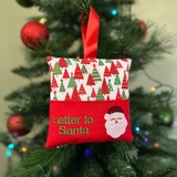 Letter to Santa hanging cushion, red and green Christmas tree print