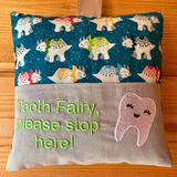 Tooth fairy cushion, teal dinosaur print