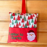 Letter to Santa hanging cushion, red and green Christmas tree print