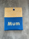 Applique “Mum” yellow and blue Book Sleeve, Fabric Book Sleeve, Book Pouch or Book Cosy, Reading Gift