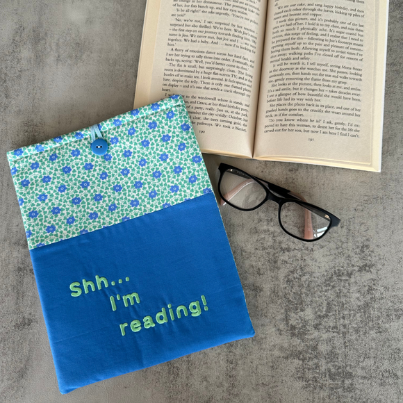 Book Sleeve in blue and green floral print, Fabric Book Sleeve, Book Pouch or Book Cosy, Reading Gift