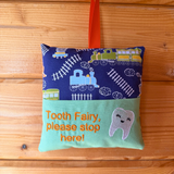 Tooth fairy cushion, navy train print