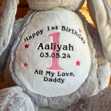 Personalised First Birthday Bunny Gift, Birthday Bunny, Embroidered Birthday Keepsake, Embroidered Bunny