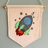 Rocket wall hanging flag, space decor, felt banner, child's bedroom, nursery decor