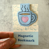 Embroidered Coffee Cup Magnetic Bookmark, Faux Leather Book Accessory