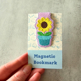 Embroidered Sunflower Magnetic Bookmark, Faux Leather Book Accessory