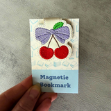 Embroidered Cherries Magnetic Bookmark, Faux Leather Book Accessory