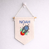 Personalised rocket wall hanging flag, space decor, felt banner, child's bedroom, nursery decor