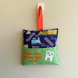 Tooth fairy cushion, navy train print
