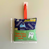 Tooth fairy cushion, navy train print