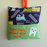 Tooth fairy cushion, navy train print