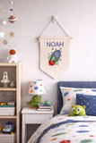 Personalised rocket wall hanging flag, space decor, felt banner, child's bedroom, nursery decor