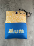 Applique “Mum” yellow and blue Book Sleeve, Fabric Book Sleeve, Book Pouch or Book Cosy, Reading Gift
