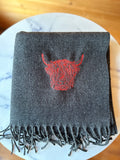 Embroidered charcoal grey highland cow scarf