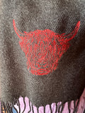 Embroidered charcoal grey highland cow scarf