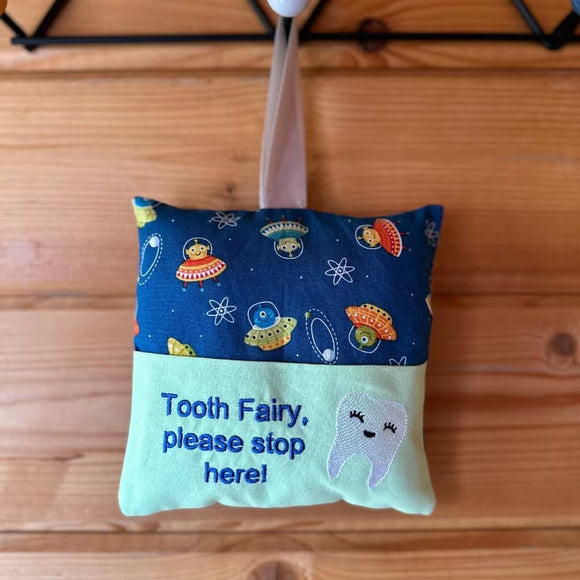 Tooth fairy cushion, spaceship print
