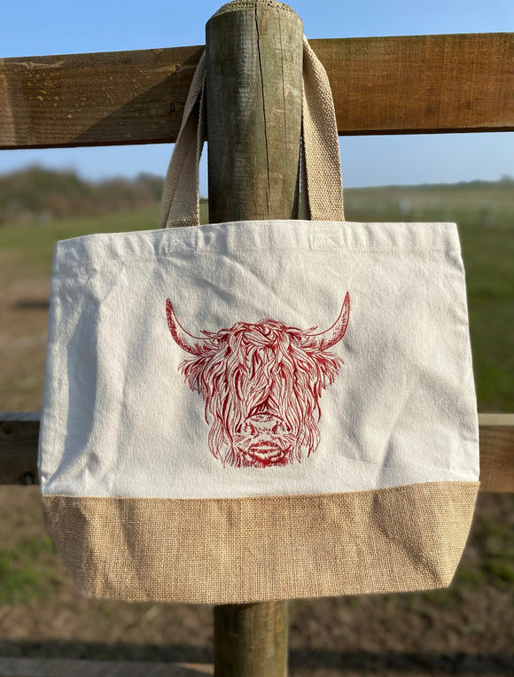Highland cow embroidered canvas jute bag