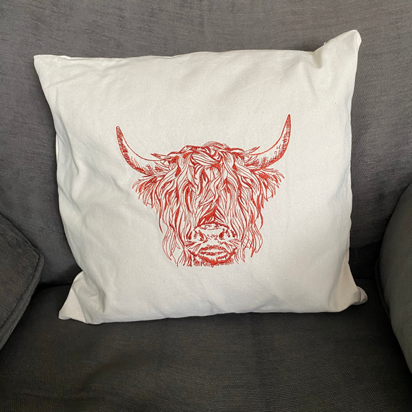 Highland cow embroidered cushion