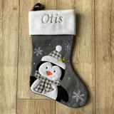 Personalised Penguin Christmas Stocking Grey