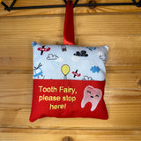 Tooth fairy cushion, hot air balloon and plane print, yellow text