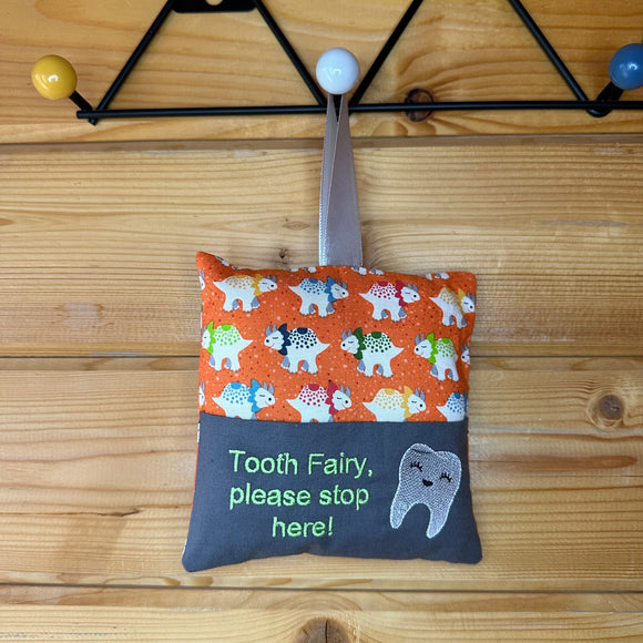 Tooth fairy cushion, orange dinosaur print