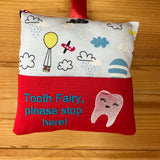 Tooth fairy cushion, hot air balloon and plane print, blue text