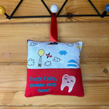 Tooth fairy cushion, hot air balloon and plane print, blue text