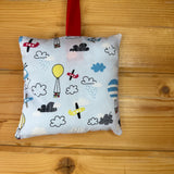 Tooth fairy cushion, hot air balloon and plane print, blue text