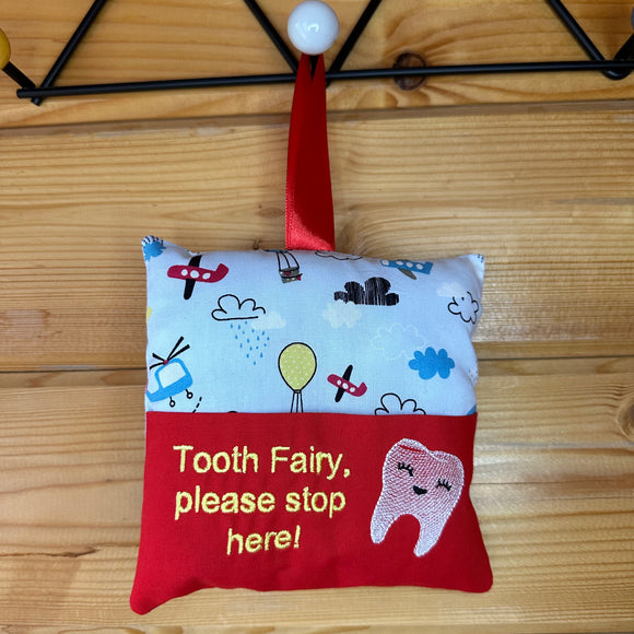 Tooth fairy cushion, hot air balloon and plane print, yellow text